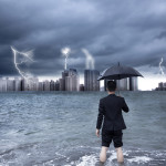 business man holding an umbrella with thundershower background