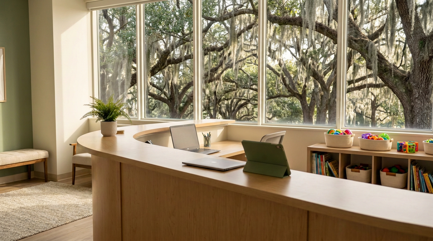 Bright ABA therapy clinic office overlooking live oak trees, representing IT support for ABA practices