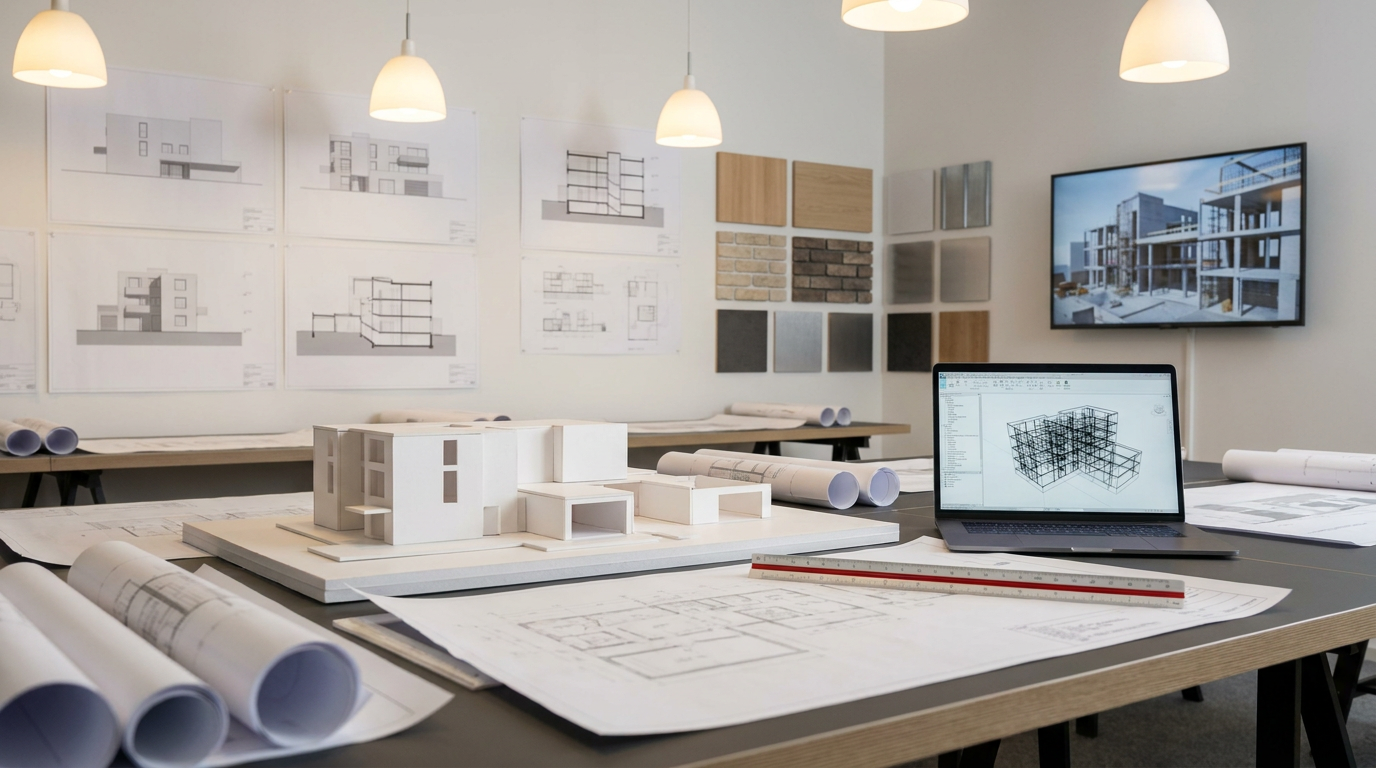 Architecture studio worktable with drawings, a building model, and a laptop, representing IT support for architecture firms