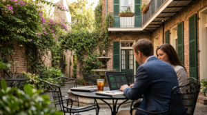 Two professionals reviewing an IT dashboard on a laptop in a New Orleans French Quarter courtyard
