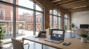 Warehouse District loft office in New Orleans with a desk phone, laptop, and smartphone connected to one business phone system