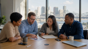 A small business team building a cyber incident response plan in a New Orleans office with the Crescent City Connection in the background