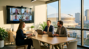 Hybrid team meeting in a modern New Orleans office, with employees on a video call and the downtown skyline in the background