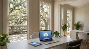 Modern St. Charles Avenue office in New Orleans with a laptop and tablet showing cloud file sharing, overlooking a streetcar under live oaks