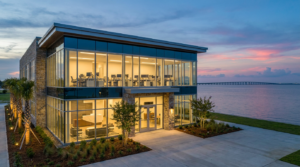 Modern new office building near the Lake Pontchartrain lakefront in Metairie at dusk, lit up and ready to open