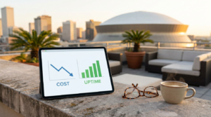 Tablet showing a cost and uptime dashboard on a rooftop terrace overlooking the Superdome and downtown New Orleans