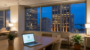 Modern downtown New Orleans office at dusk with a laptop showing a security dashboard, overlooking CBD towers along Poydras Street
