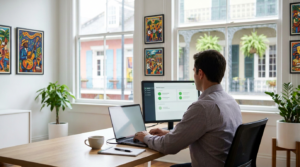 IT technician working on a remote support dashboard in a bright Magazine Street office in New Orleans