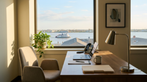 Business email compromise for small business: a modern office desk, chair, phone and laptop beside a window overlooking the Mississippi River in New Orleans
