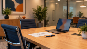 Modern office conference table set up to review a cyber insurance application