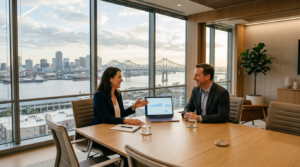 Business leaders discussing cybersecurity business risk in a modern New Orleans office with the Crescent City Connection in the background