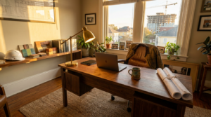 Cybersecurity for construction companies: a contractor’s office desk with plans, a laptop and a hard hat beside a window overlooking a New Orleans construction site