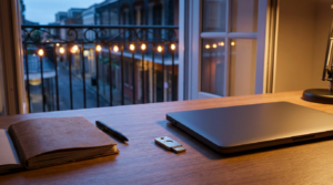 Cybersecurity New Orleans: security key and laptop on a desk with a French Quarter balcony glowing at dusk