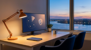 Modern office desk at dusk with a monitor showing a security dashboard and a window view of the Mississippi River, representing dark web monitoring for small business