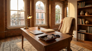 Employee offboarding checklist for small business: a laptop, badge and keys on a desk in a warm brick loft office with a New Orleans street outside the window