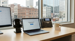 Desk set up for a new hire with a laptop ready to sign in, illustrating an IT onboarding checklist