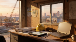 IT support for construction companies: jobsite trailer desk with plans, a hard hat, and a rugged tablet