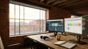 IT support New Orleans: help desk workstation with a headset and laptop in a brick-walled loft office