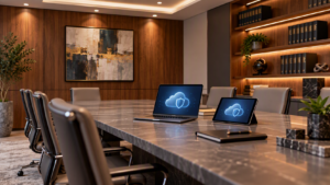 Law firm data backup protecting client files in a modern law office meeting room