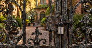 Ornate wrought-iron New Orleans gate secured with a modern padlock, symbolizing law firm data security