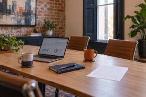 Laptop, notebook, and checklist on a conference room table for evaluating managed IT services Louisiana providers
