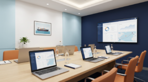 Modern conference room in a marine services company with laptops on a table, representing maritime IT support.