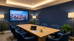 Modern New Orleans meeting room with a city skyline display, representing an MSP New Orleans businesses can trust