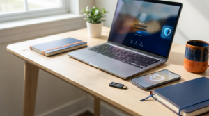 Modern office desk with a laptop, a smartphone showing a security checkmark, and a USB security key, representing multi-factor authentication for small business