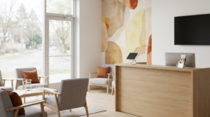 Nonprofit IT challenges: welcoming nonprofit lobby with a reception counter, tablet check-in stand, and waiting area in soft daylight