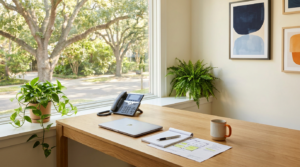 Bright office table with a laptop, a desk phone, a printed response plan and a coffee mug beside a window overlooking a tree-lined street, representing ransomware protection for small business
