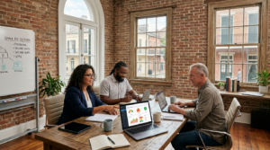 Preventing small business cyberattacks: an owner and manager reviewing security in a New Orleans office with the Crescent City Connection in the background