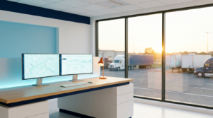 Modern trucking dispatch office with a view of a freight yard, representing trucking IT support.