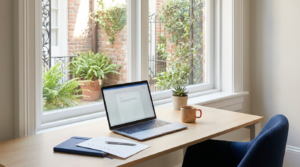 Bright office desk with a laptop, a paper checklist and a coffee mug beside a window overlooking a brick courtyard, representing a vulnerability assessment for small business