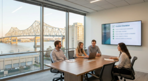 Business team reviewing a Windows 10 ESU upgrade plan in a New Orleans office with the Crescent City Connection in the background
